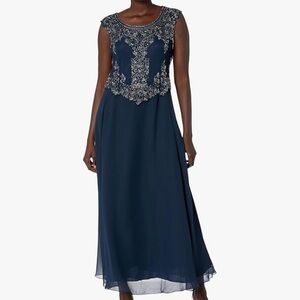 J Kara Women's Petite Cap Sleeve Beaded Top Long Dress